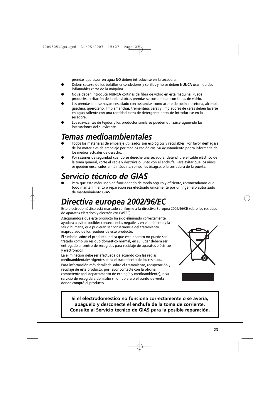 Temas medioambientales, Servicio técnico de gias | Candy GO DC 38-37 User Manual | Page 23 / 38