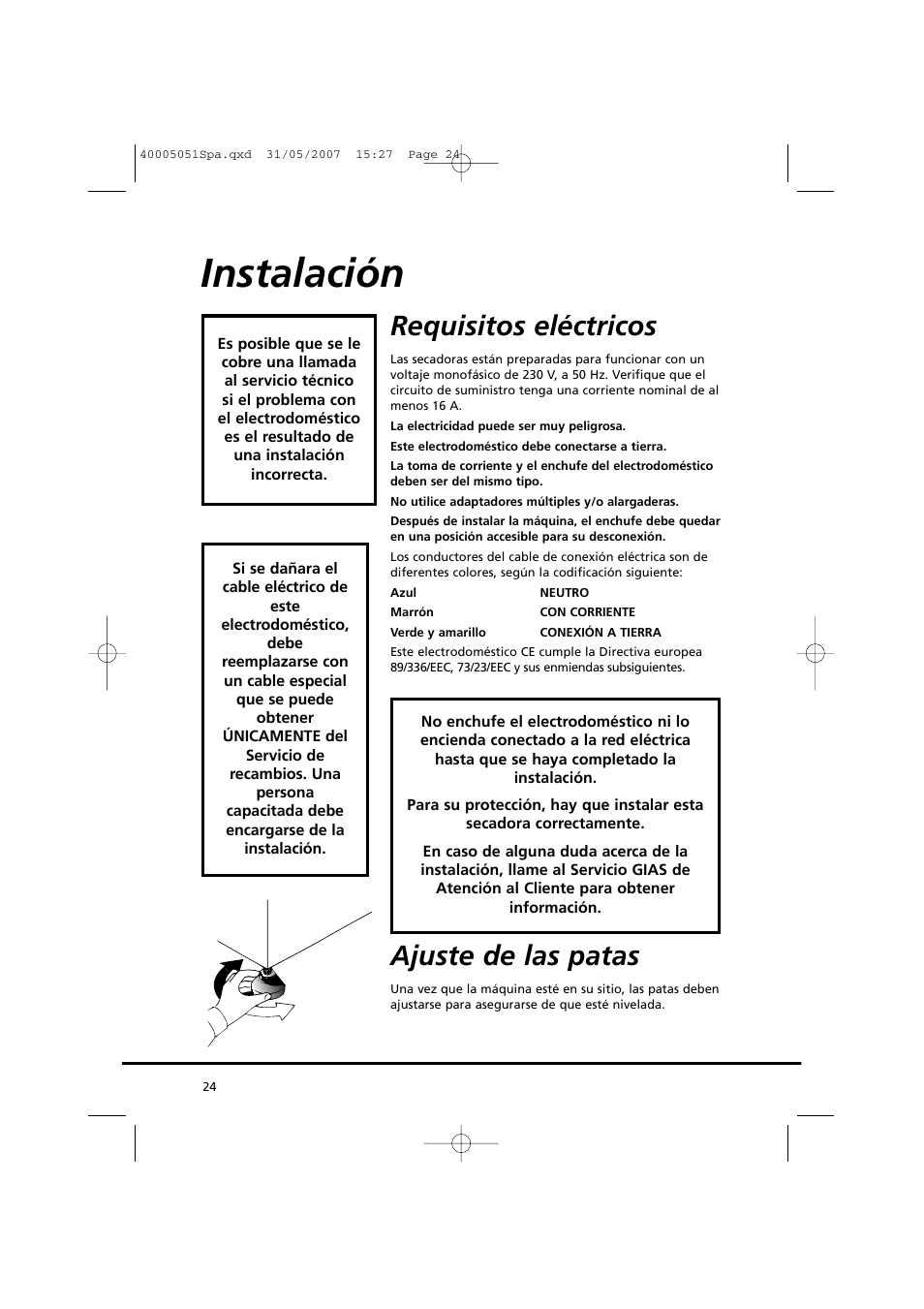 Instalación, Requisitos eléctricos, Ajuste de las patas | Candy GO DC 38-37 User Manual | Page 24 / 38