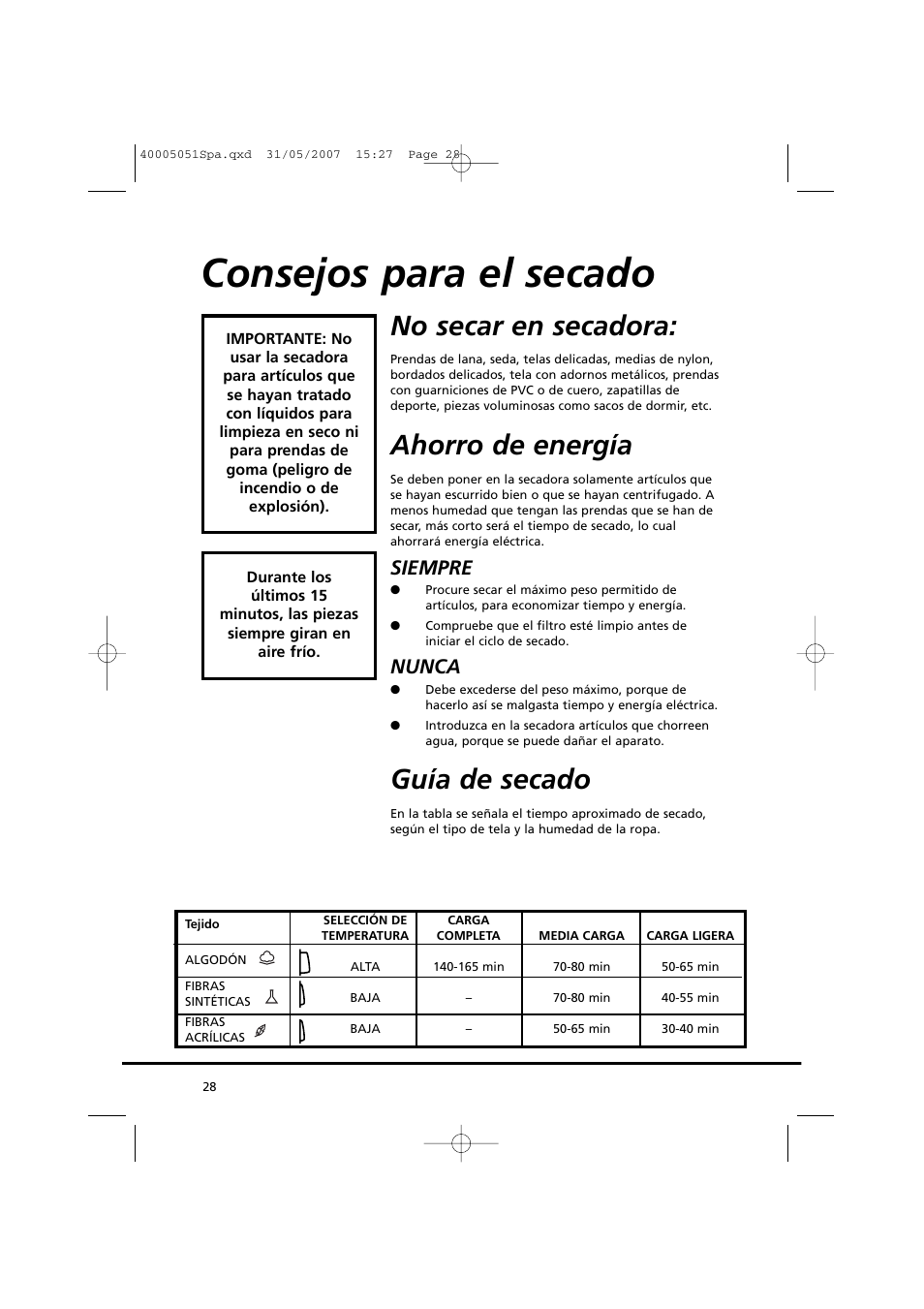 Consejos para el secado, No secar en secadora, Ahorro de energía | Guía de secado, Siempre, Nunca | Candy GO DC 38-37 User Manual | Page 28 / 38