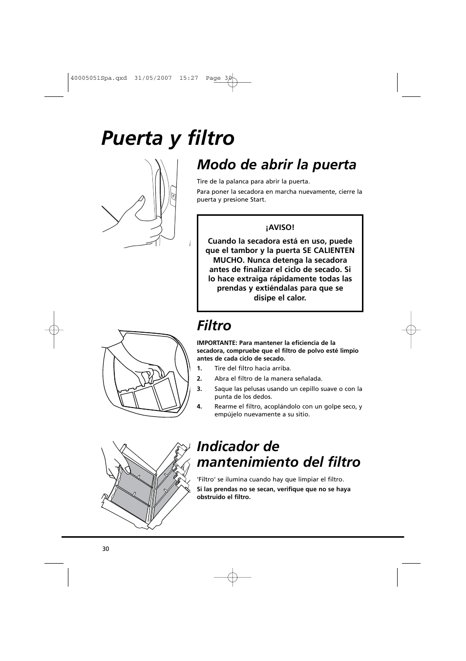 Puerta y filtro, Modo de abrir la puerta, Filtro | Indicador de mantenimiento del filtro | Candy GO DC 38-37 User Manual | Page 30 / 38
