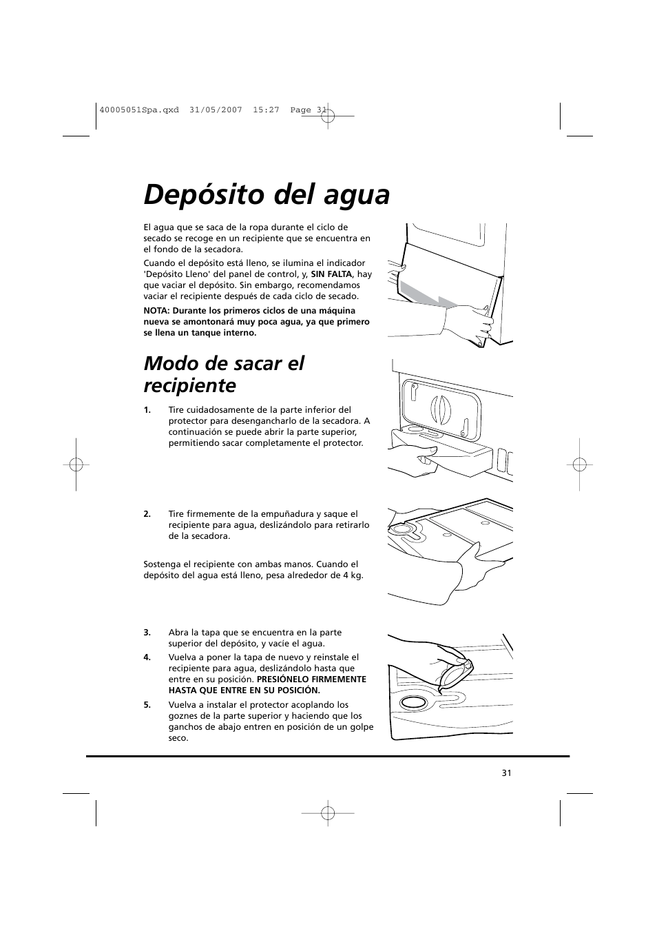 Depósito del agua, Modo de sacar el recipiente | Candy GO DC 38-37 User Manual | Page 31 / 38