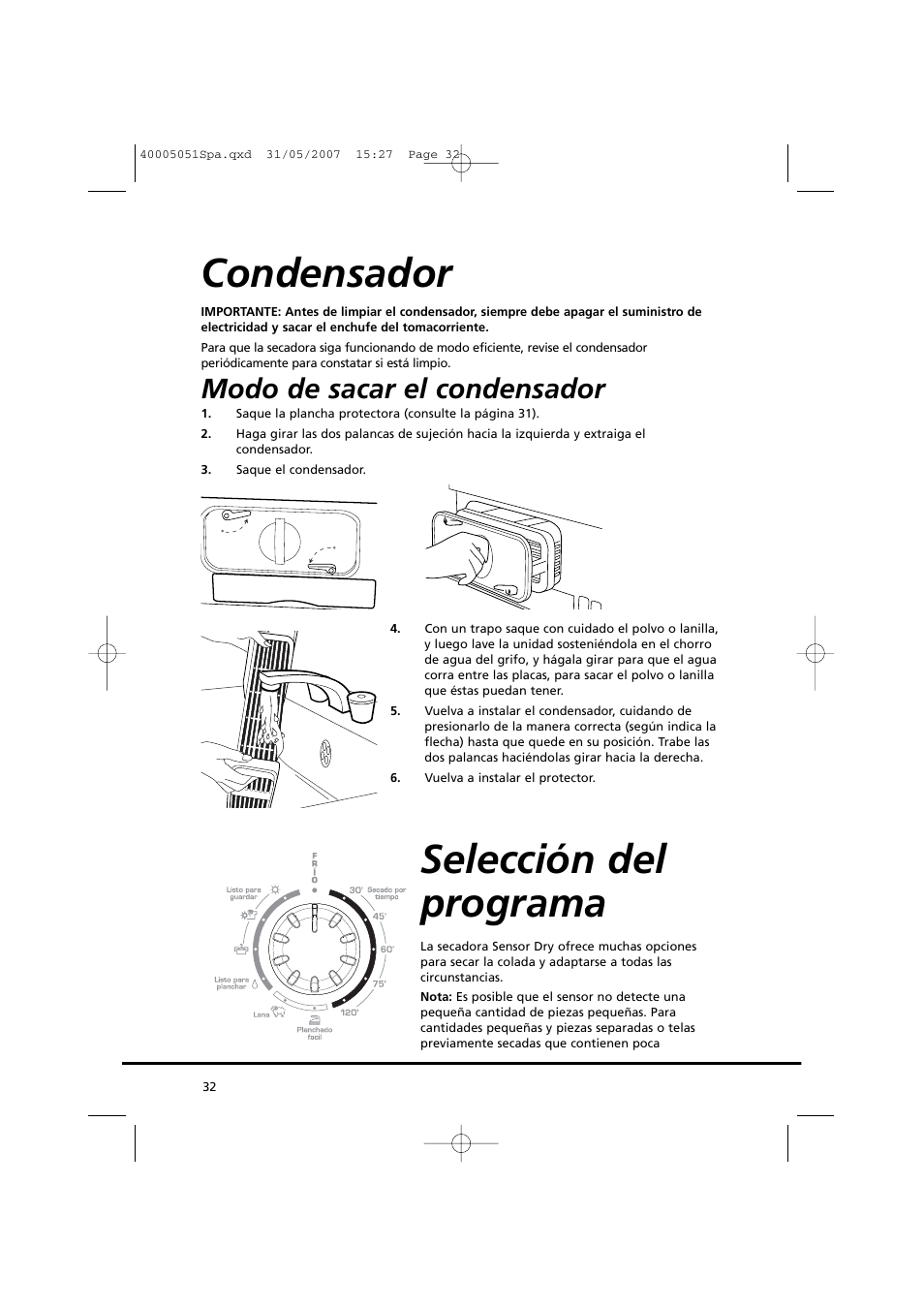 Condensador selección del programa, Modo de sacar el condensador | Candy GO DC 38-37 User Manual | Page 32 / 38