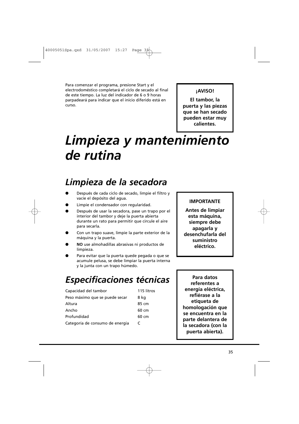 Limpieza y mantenimiento de rutina, Limpieza de la secadora, Especificaciones técnicas | Candy GO DC 38-37 User Manual | Page 35 / 38