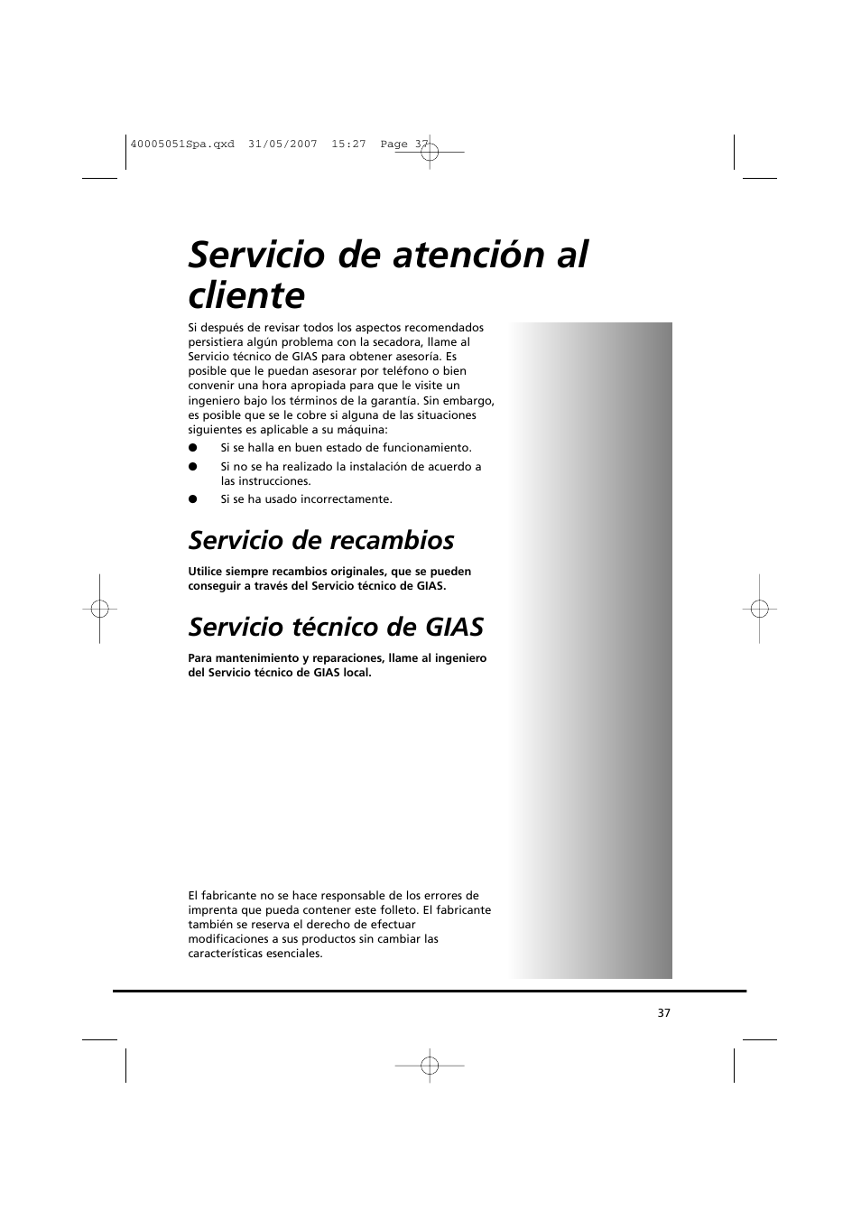 Servicio de atención al cliente, Servicio de recambios, Servicio técnico de gias | Candy GO DC 38-37 User Manual | Page 37 / 38