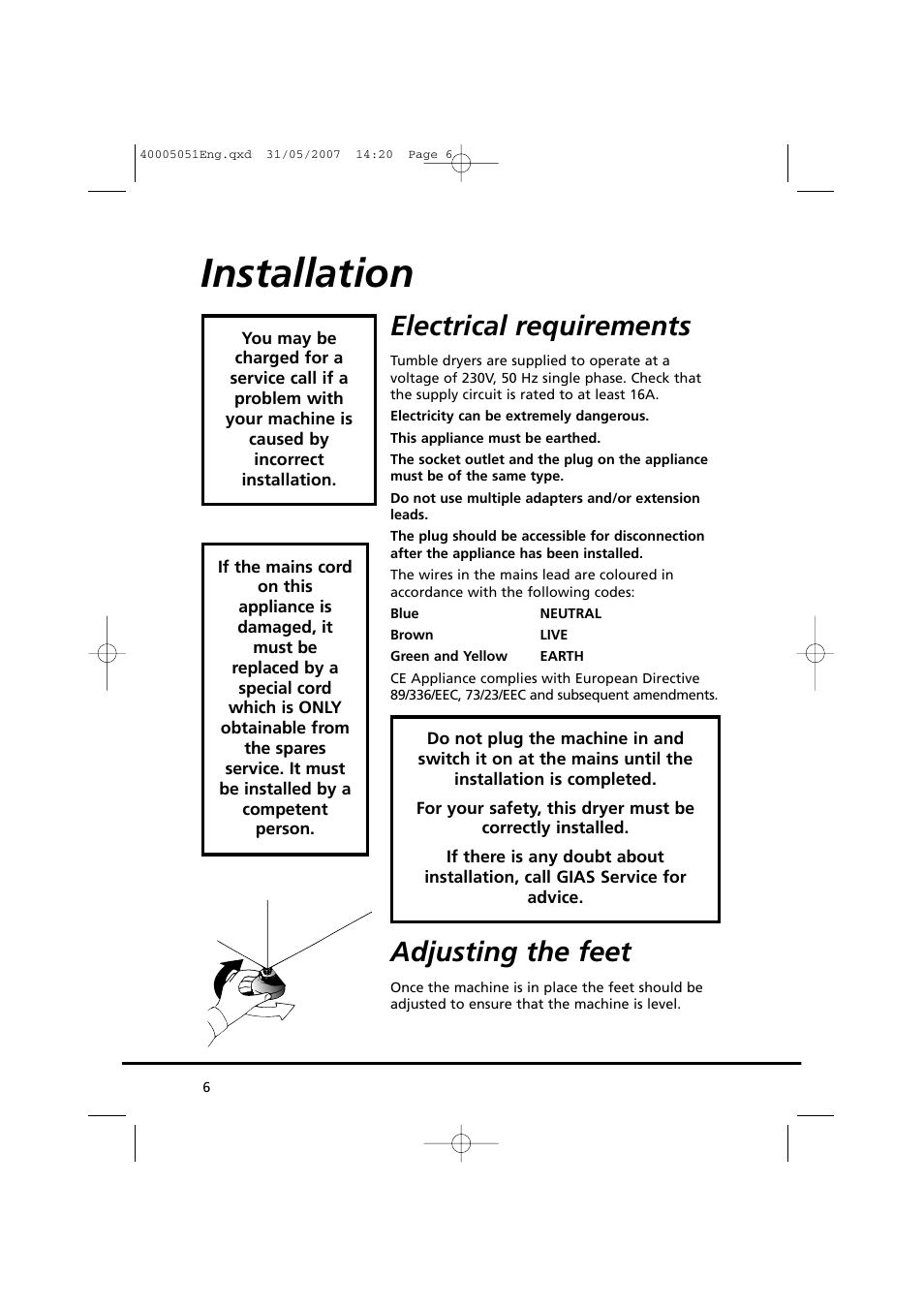 Installation, Electrical requirements, Adjusting the feet | Candy GO DC 38-37 User Manual | Page 6 / 38