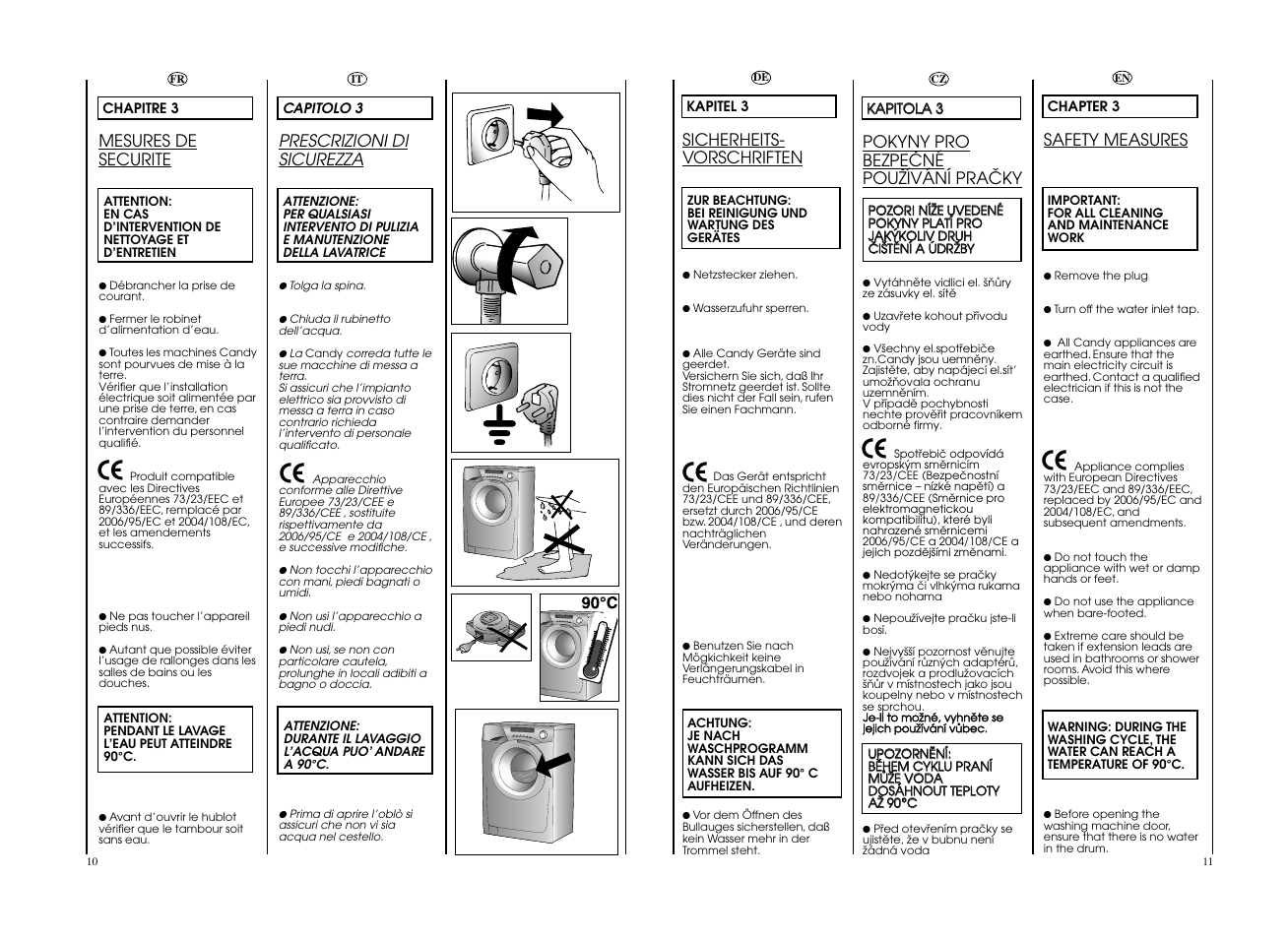 Prescrizioni di sicurezza, Mesures de securite, Sicherheits- vorschriften | Safety measures, Pokyny pro bezpeöné pouïívání praöky | Candy EVO 1493DW-S User Manual | Page 6 / 41
