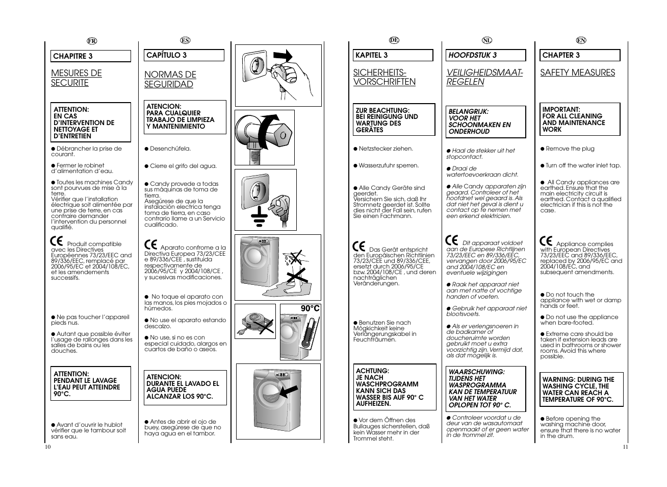 Mesures de securite, Sicherheits- vorschriften, Safety measures | Veiligheidsmaat- regelen, Normas de seguridad | Candy CO 126F__L1-S User Manual | Page 6 / 41