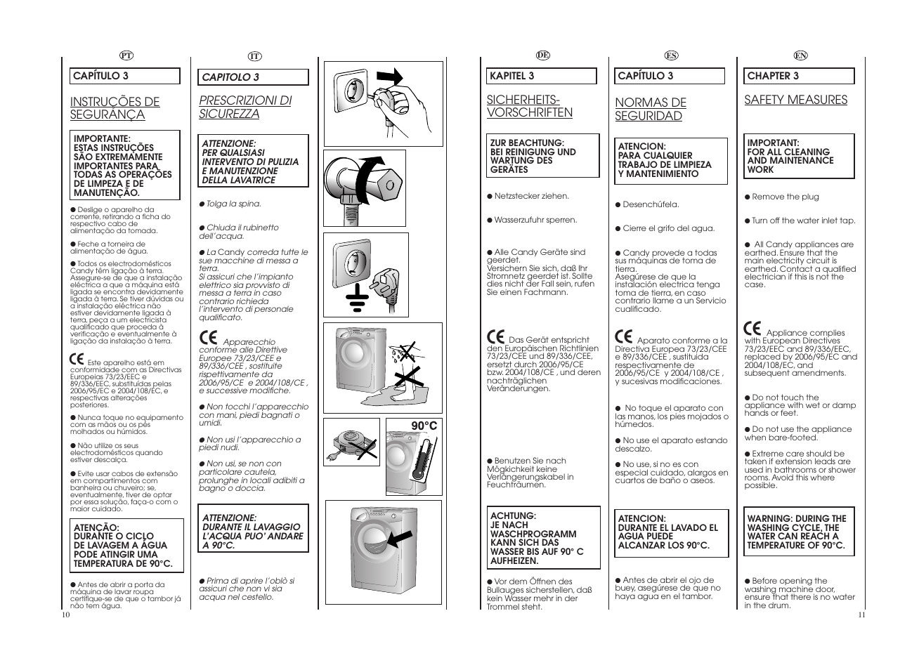 Prescrizioni di sicurezza, Sicherheits- vorschriften, Safety measures | Instruções de segurança, Normas de seguridad | Candy GO 12102D-37 User Manual | Page 6 / 41