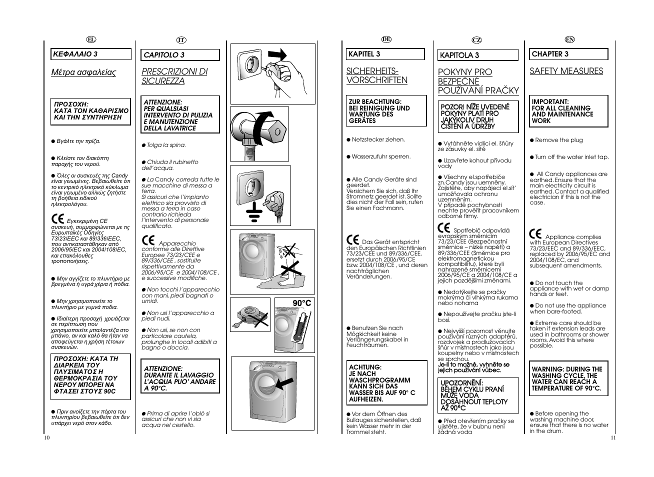 Prescrizioni di sicurezza, Sicherheits- vorschriften, Safety measures | Pokyny pro bezpeöné pouïívání praöky | Candy GO W496D-01S User Manual | Page 6 / 53