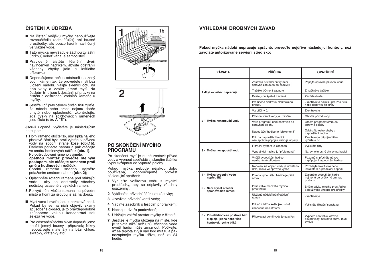 1b po skonâení mycího programu, Âistùní a údrîba, Vyhledání drobn¯ch závad | Candy CDF8 825 - S User Manual | Page 10 / 69