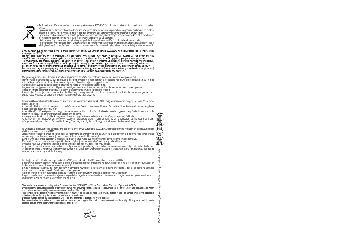 Cz el hr hu pl sl en | Candy CDF8 825 - S User Manual | Page 69 / 69