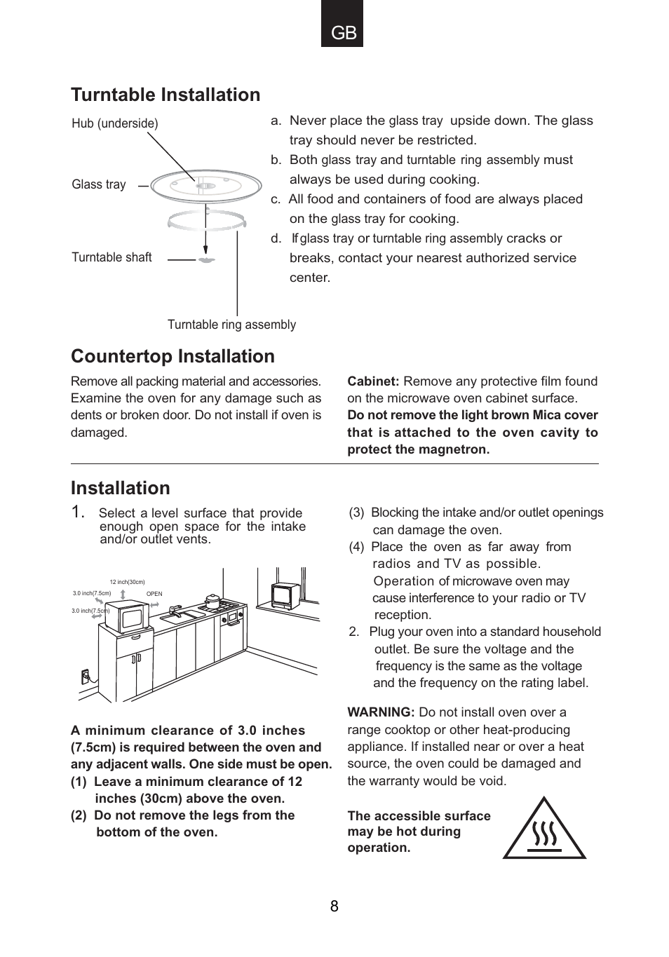 Countertop installation, Installation, Turntable installation | Candy CMG 9623 DY User Manual | Page 9 / 103