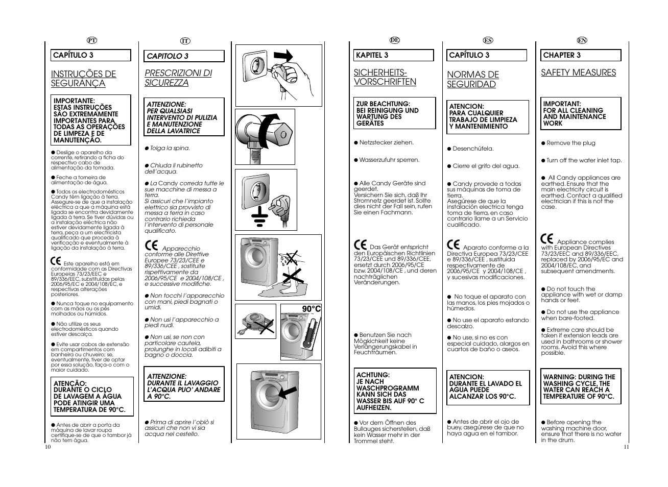 Prescrizioni di sicurezza, Sicherheits- vorschriften, Safety measures | Instruções de segurança, Normas de seguridad | Candy EVO 1483DW-37 User Manual | Page 6 / 41