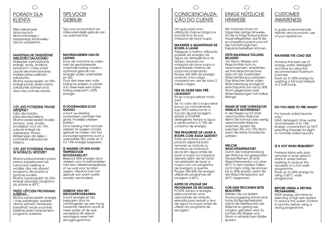 Customer awareness, Tips voor gebruik, Einige nützliche hinweise | Porady dla klienta, Consciencializa- ção do cliente | Candy ICW 101 TR H__C User Manual | Page 19 / 41