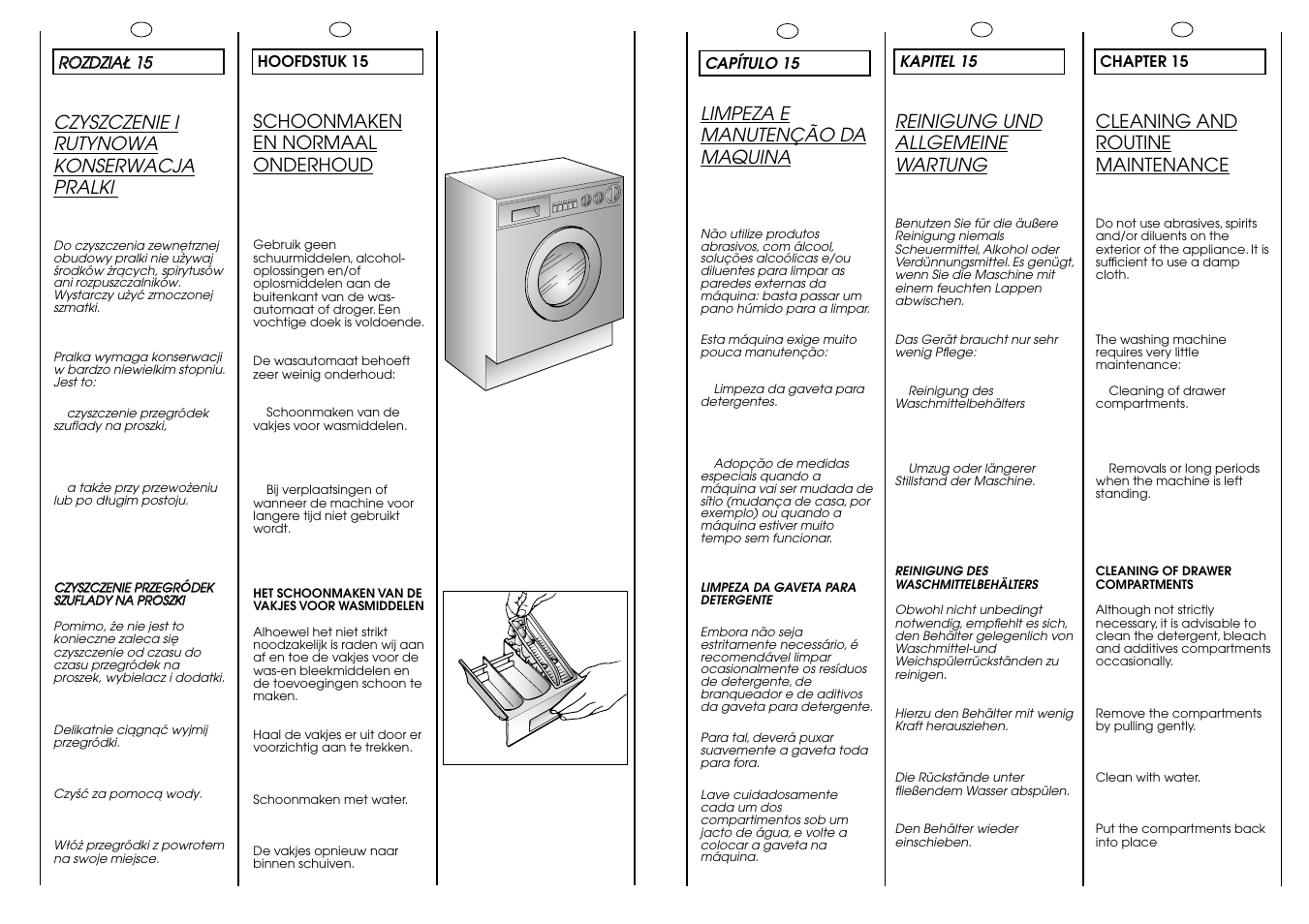 Cleaning and routine maintenance, Schoonmaken en normaal onderhoud, Reinigung und allgemeine wartung | Czyszczenie i rutynowa konserwacja pralki, Limpeza e manutenção da maquina | Candy ICW 101 TR H__C User Manual | Page 36 / 41