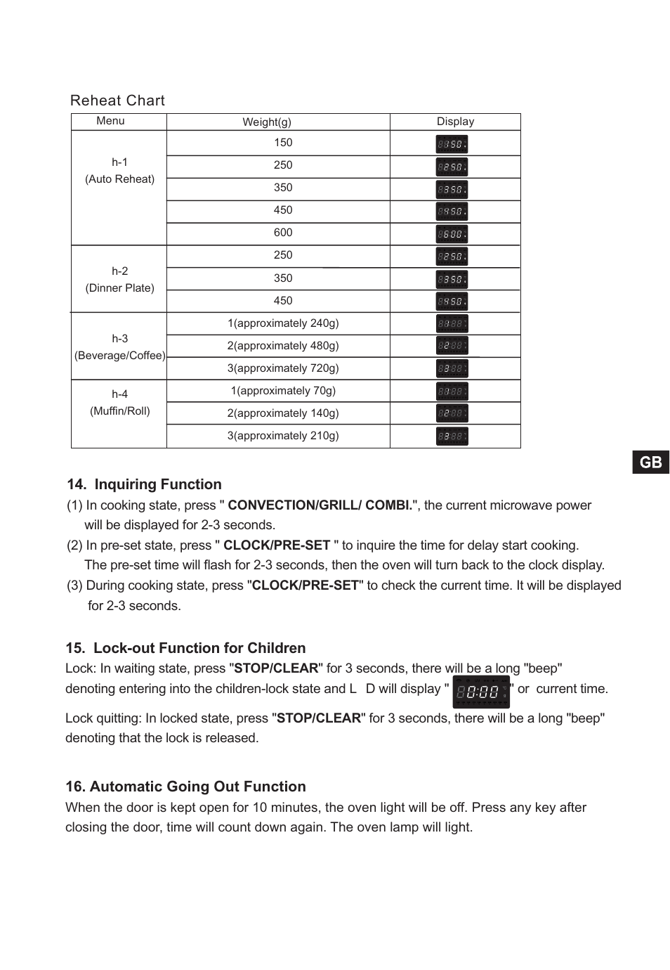 Reheat chart 14. inquiring function, Lock-out function for children, Automatic going out function | Candy CMC 2898 DS User Manual | Page 13 / 90