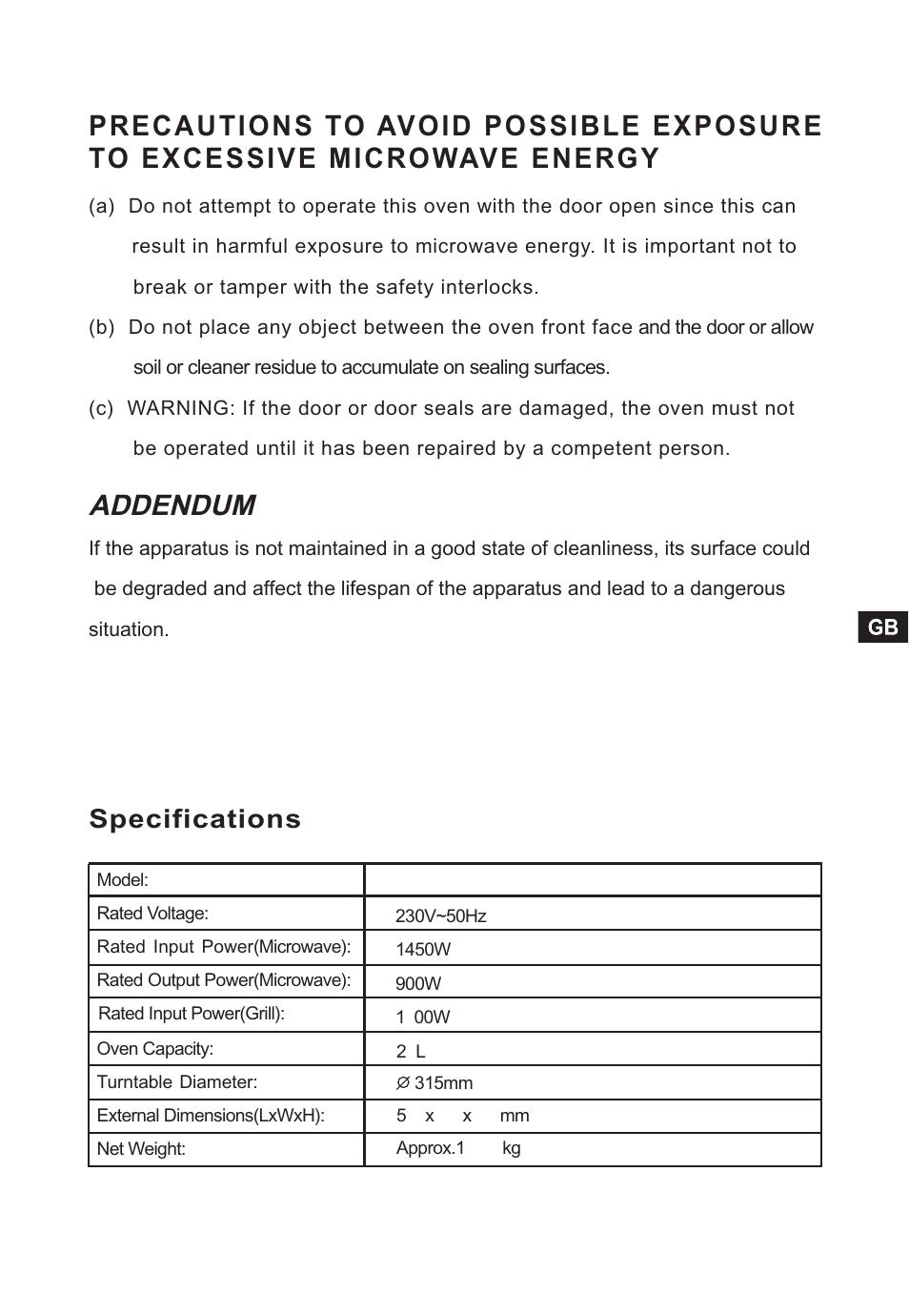 Addendum, Specifications | Candy CMC 2898 DS User Manual | Page 3 / 90