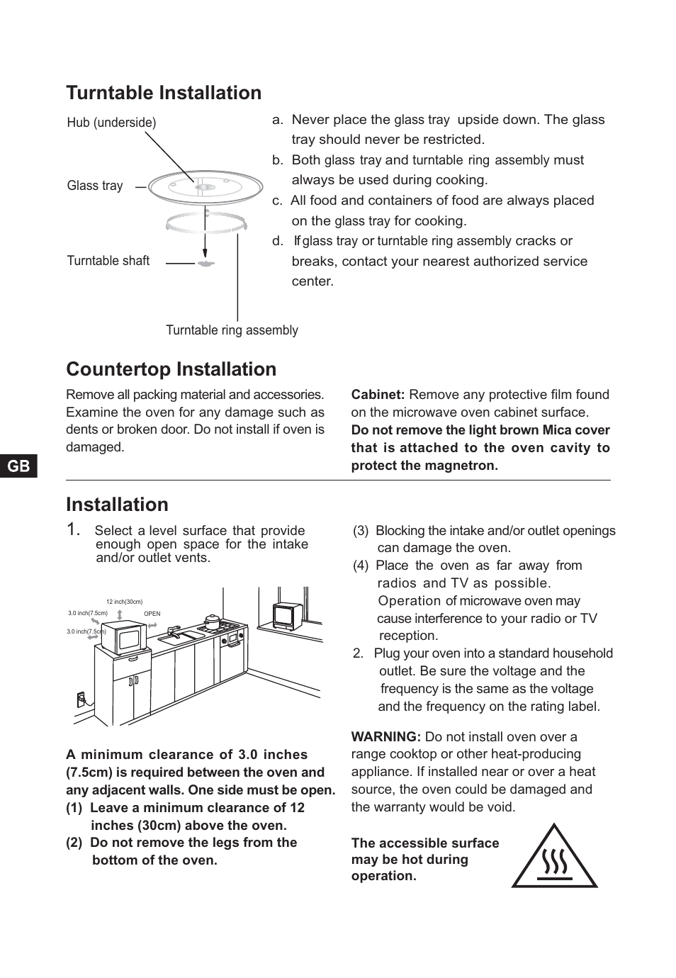 Countertop installation, Installation, Turntable installation | Candy CMC 2898 DS User Manual | Page 8 / 90