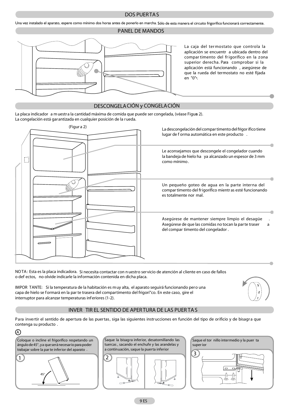 Dos puer ta s panel de mandos, Descongelación y congelación, Inver tir el sentido de aper tura de las puer ta s | Candy CFD 2760 E User Manual | Page 10 / 30