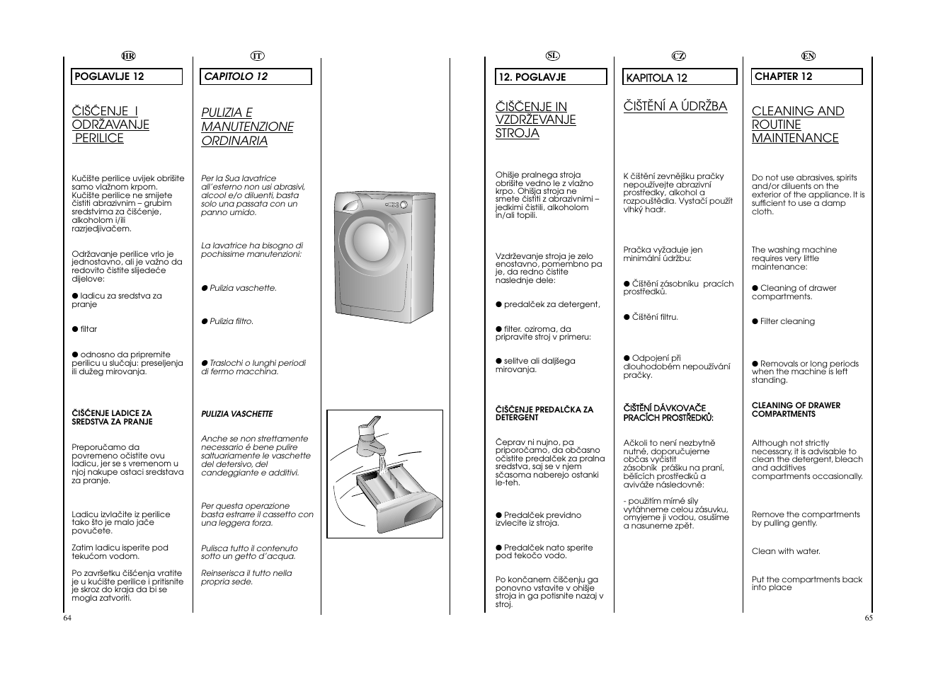 Pulizia e manutenzione ordinaria, Cleaning and routine maintenance, Öiätëní a údrïba | Âi·åenje i odrîavanje perilice, Âi·âenje in vzdrîevanje stroja | Candy GO F106__L1-S User Manual | Page 33 / 41