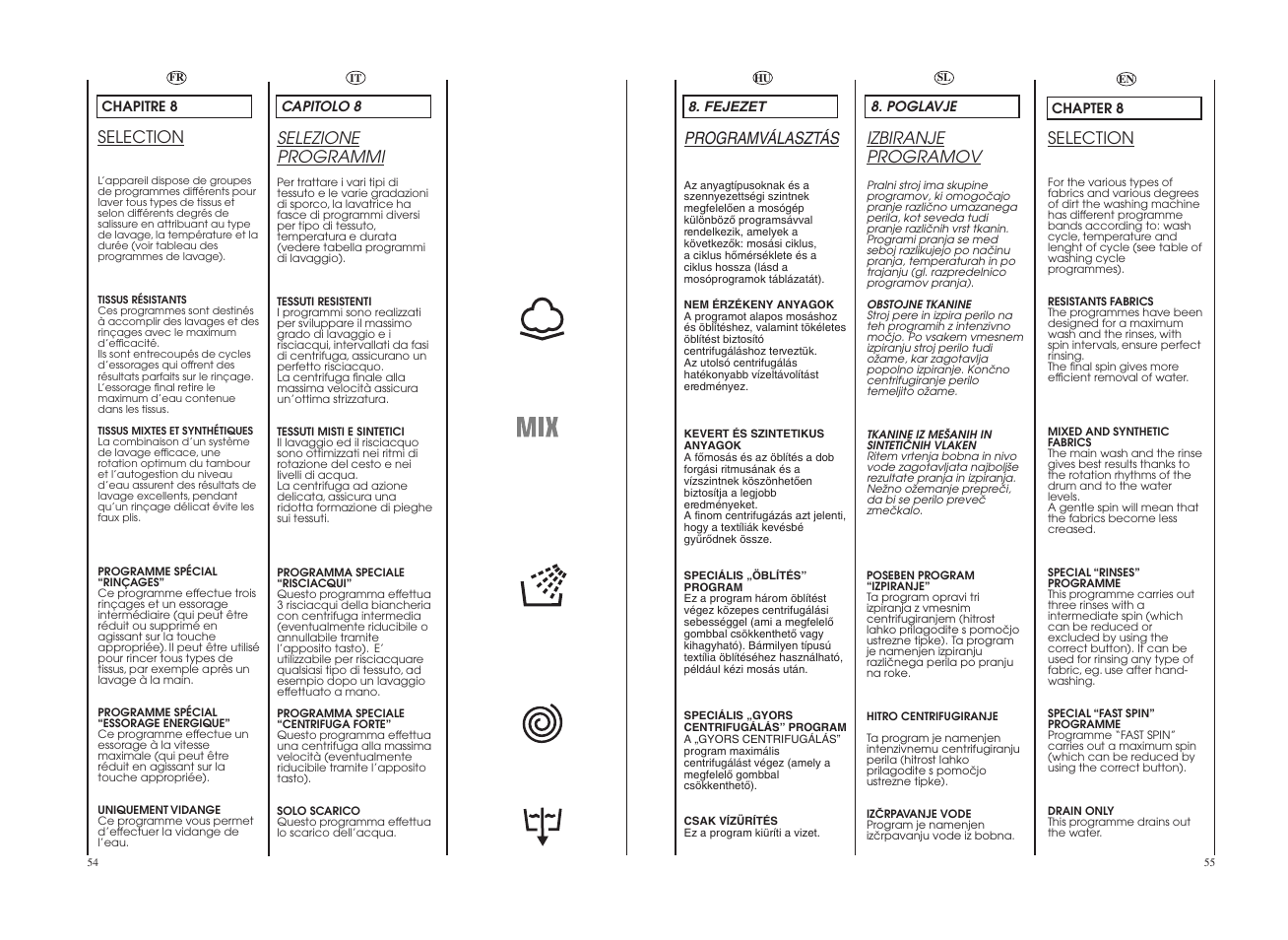 Selection, Selezione programmi, Izbiranje programov | Programválasztás | Candy GO W164-10S User Manual | Page 28 / 49