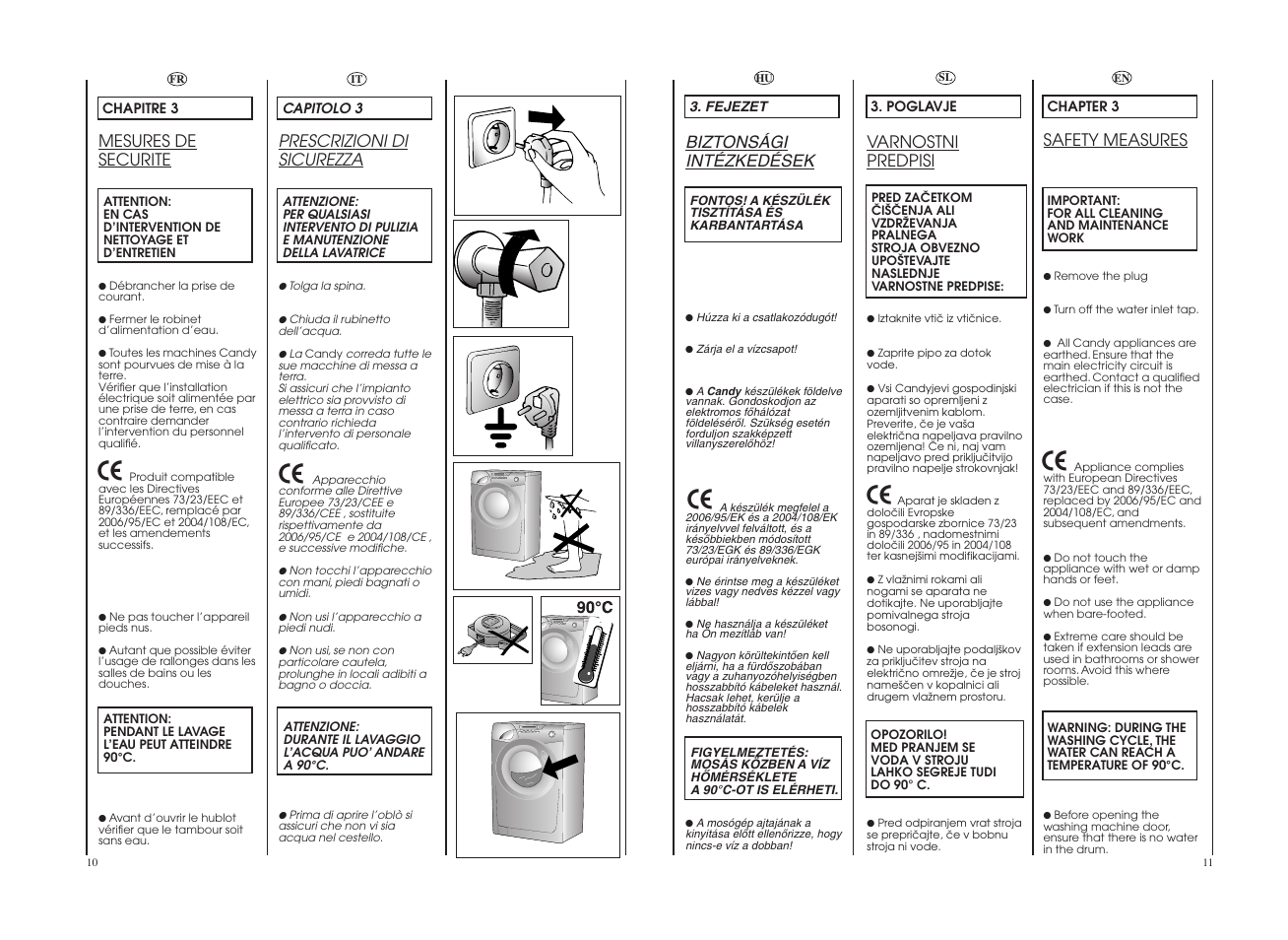 Prescrizioni di sicurezza, Mesures de securite, Safety measures | Varnostni predpisi, Biztonsági intézkedések | Candy GO W164-10S User Manual | Page 6 / 49