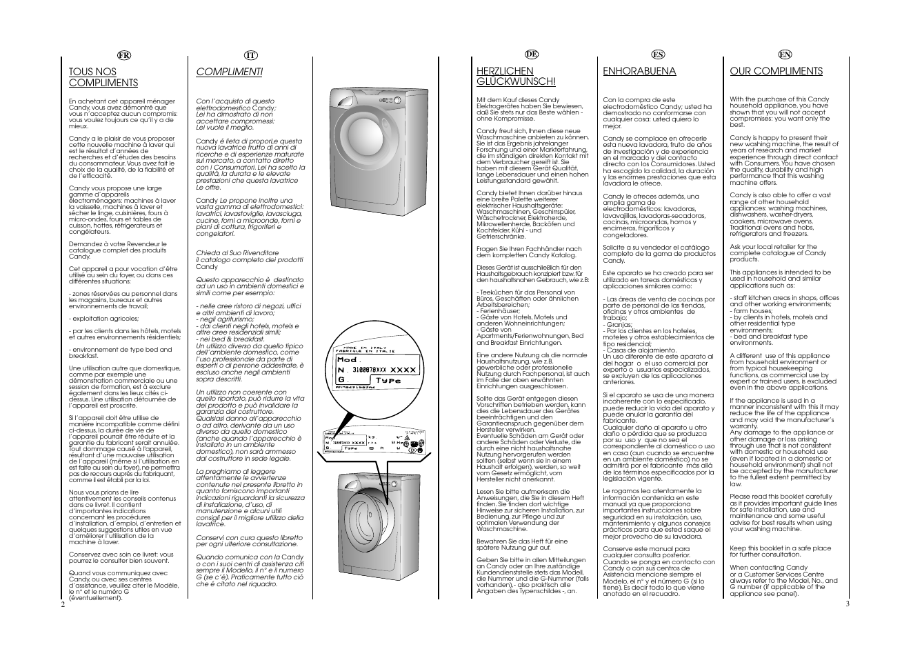 Complimenti, Tous nos compliments, Herzlichen glückwunsch | Our compliments, Enhorabuena | Candy GO4 127DF__L1-S User Manual | Page 2 / 41
