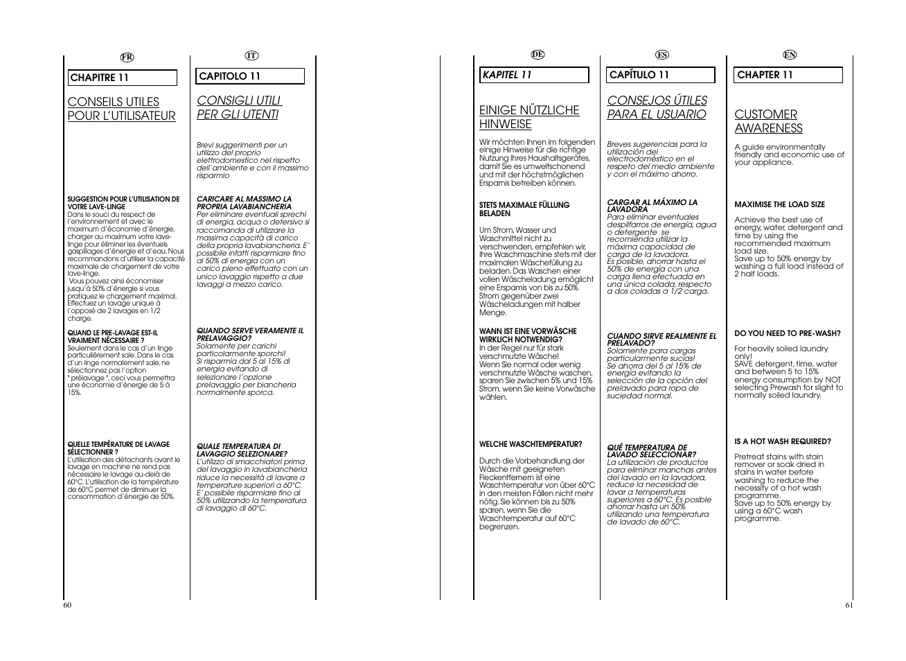 Customer awareness, Conseils utiles pour l’utilisateur, Einige nützliche hinweise | Consigli utili per gli utenti, Consejos útiles para el usuario | Candy GO4 127DF__L1-S User Manual | Page 31 / 41