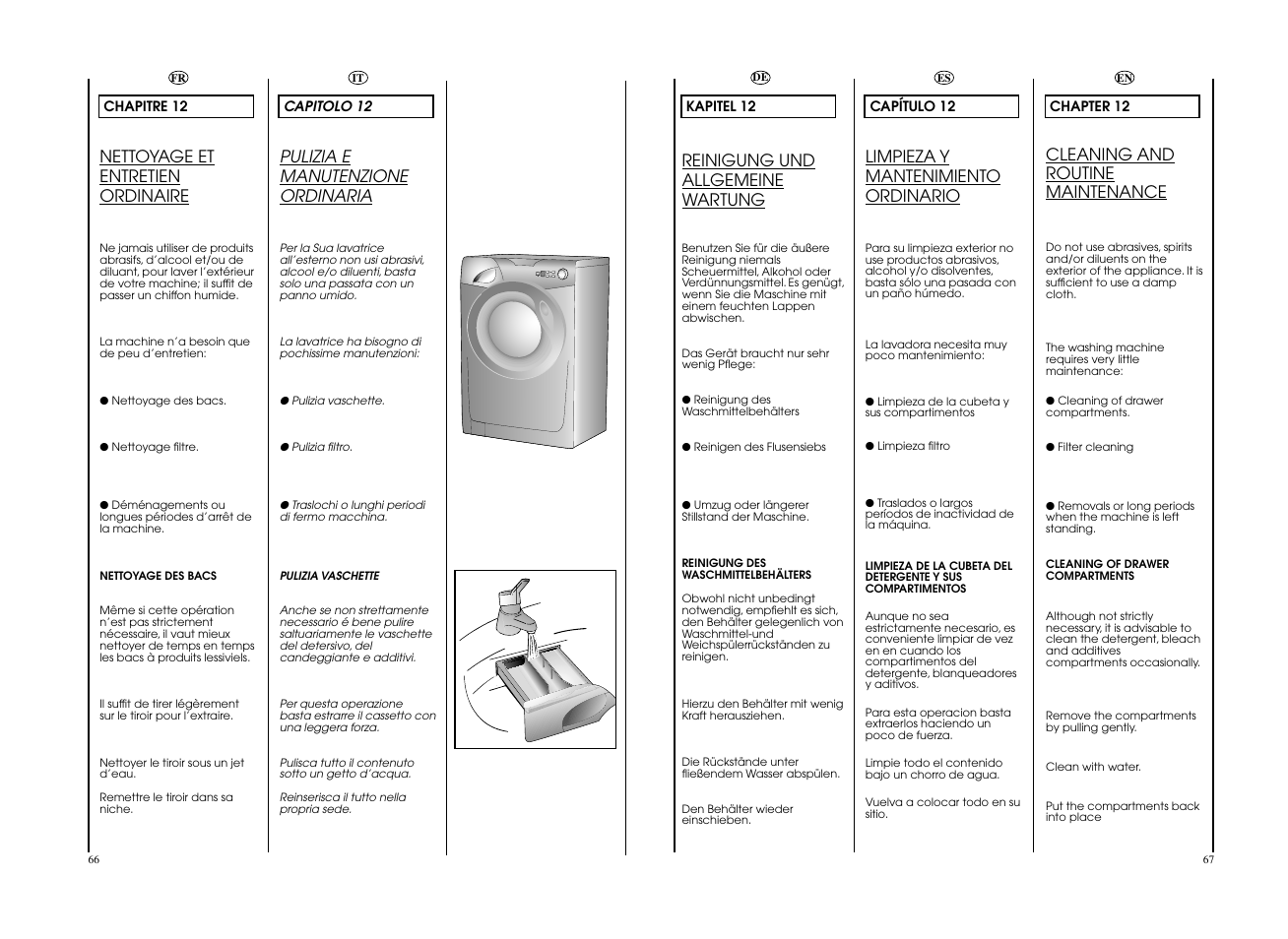Pulizia e manutenzione ordinaria, Nettoyage et entretien ordinaire, Reinigung und allgemeine wartung | Cleaning and routine maintenance, Limpieza y mantenimiento ordinario | Candy GO4 127DF__L1-S User Manual | Page 34 / 41