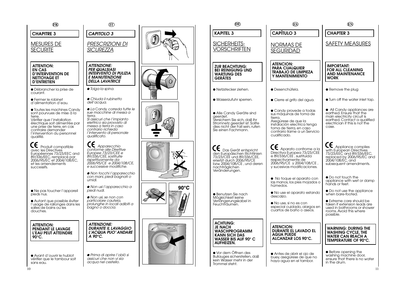 Prescrizioni di sicurezza, Mesures de securite, Sicherheits- vorschriften | Safety measures, Normas de seguridad | Candy GO4 127DF__L1-S User Manual | Page 6 / 41