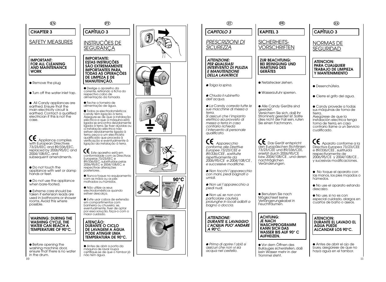 Prescrizioni di sicurezza, Safety measures, Instruções de segurança | Sicherheits- vorschriften, Normas de seguridad | Candy EVOW 4963D-37 User Manual | Page 6 / 53