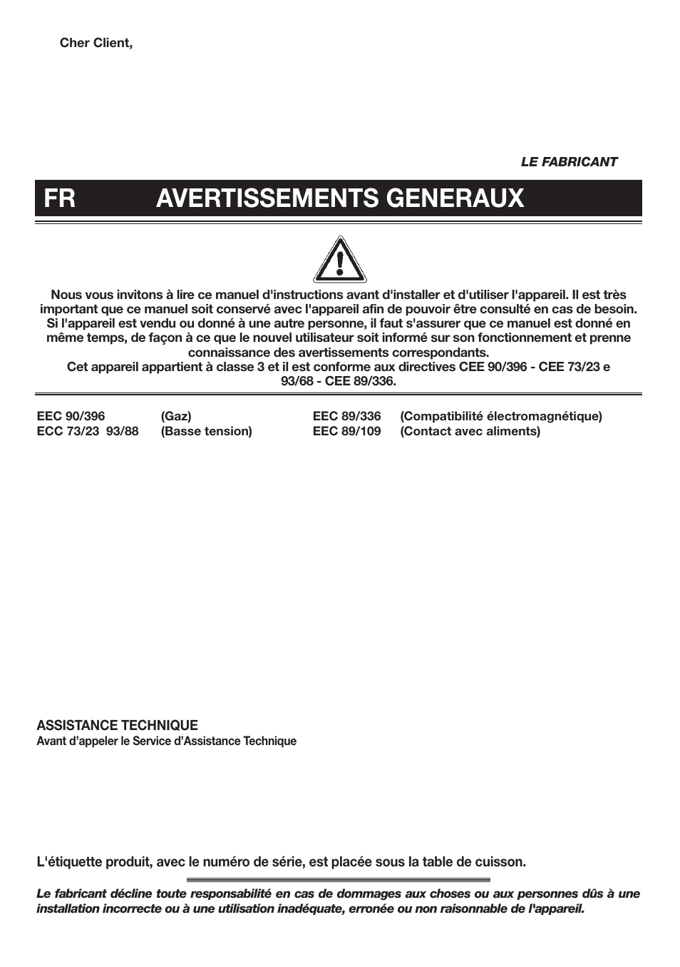 Fr avertissements generaux | Candy PVTP 750 S X User Manual | Page 12 / 20