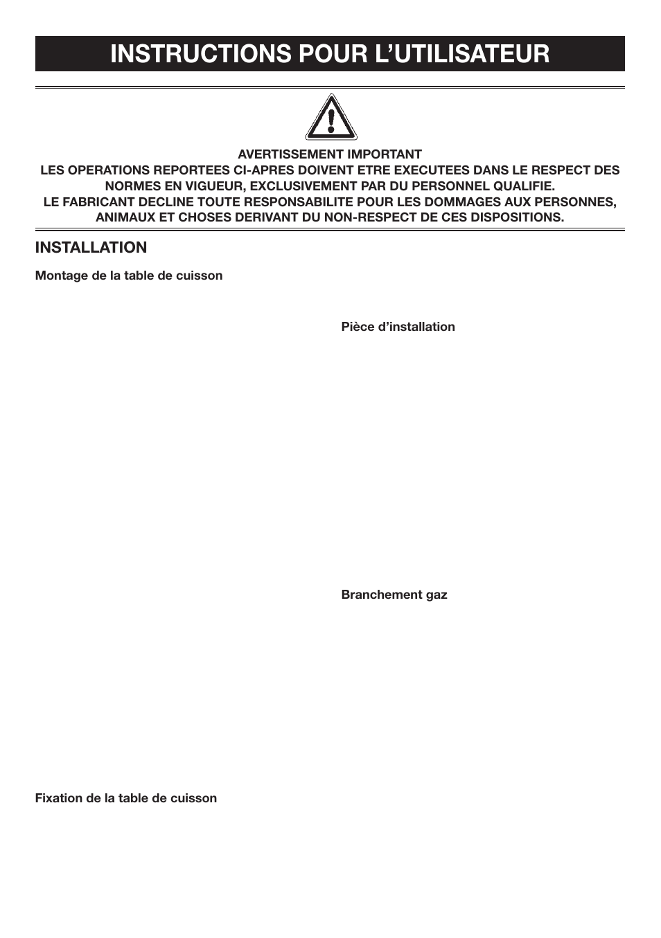 Instructions pour l’utilisateur, Installation | Candy PVTP 750 S X User Manual | Page 15 / 20