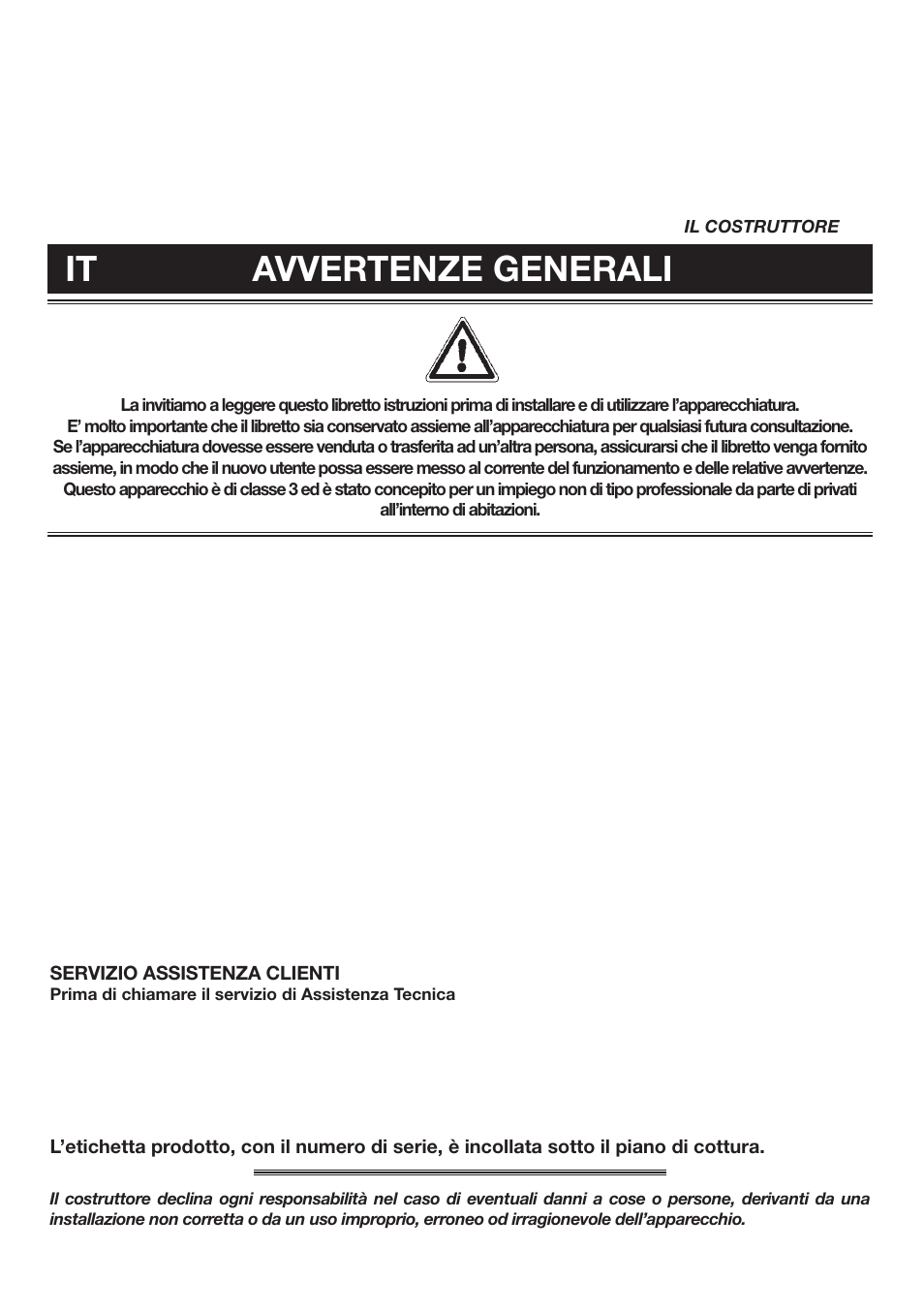 It avvertenze generali | Candy PVTP 750 S X User Manual | Page 2 / 20