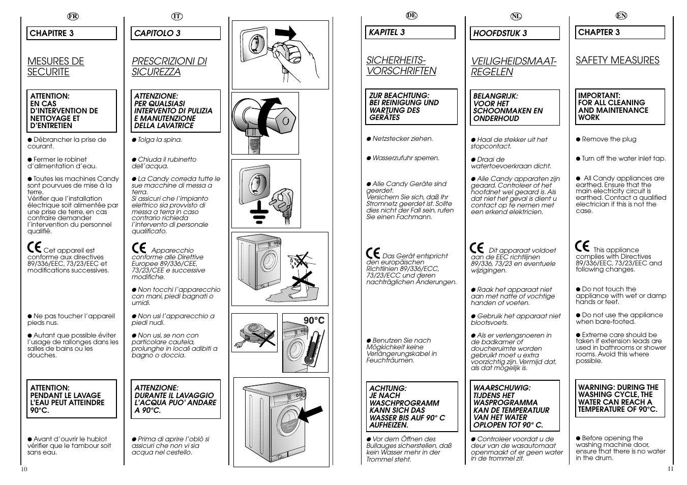 Safety measures, Prescrizioni di sicurezza, Mesures de securite | Veiligheidsmaat- regelen, Sicherheits- vorschriften | Candy LB CBD 1425 SY User Manual | Page 6 / 37