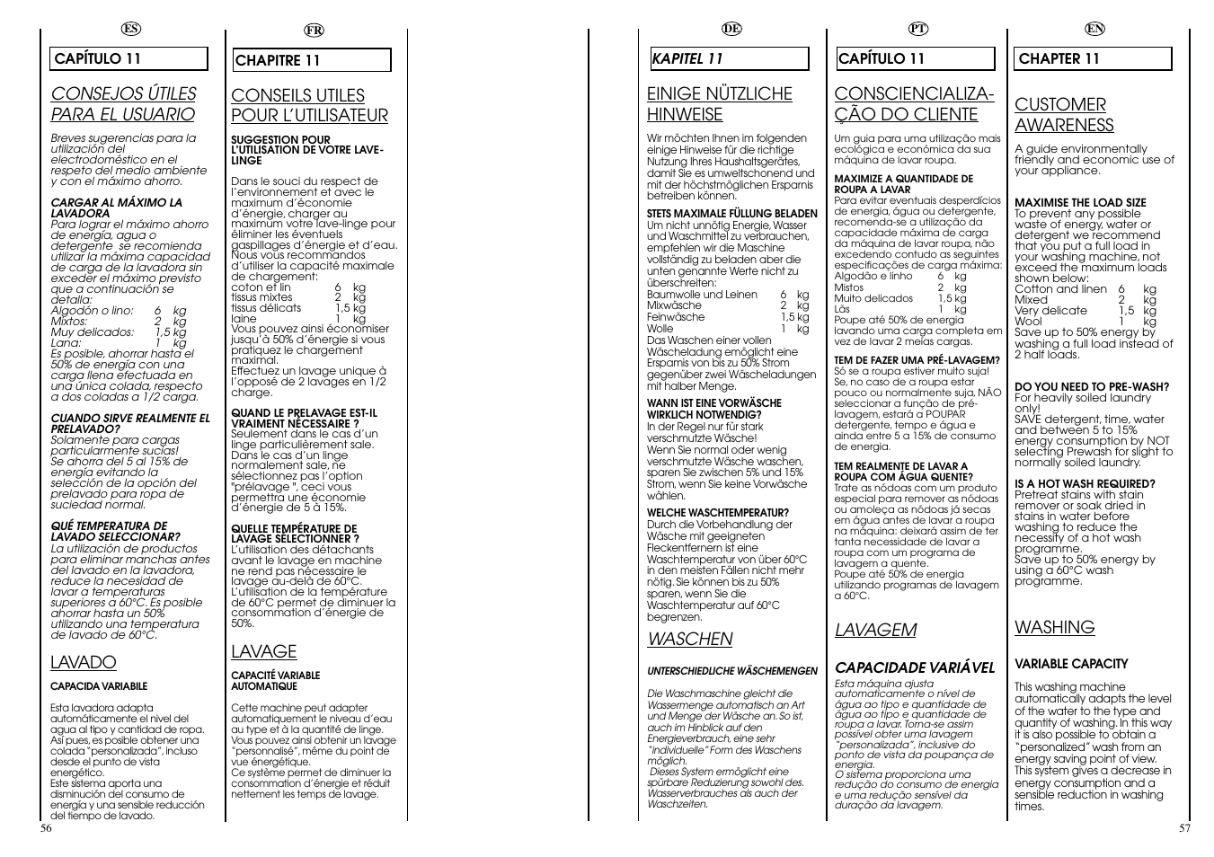 Customer awareness, Washing, Einige nützliche hinweise | Waschen, Consejos útiles para el usuario, Lavado, Consciencializa- ção do cliente, Lavagem, Conseils utiles pour l’utilisateur, Lavage | Candy ACTIVA SMART 106 ES User Manual | Page 29 / 37
