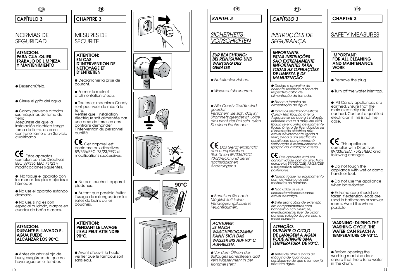 Safety measures, Sicherheits- vorschriften, Normas de seguridad | Instruções de segurança, Mesures de securite | Candy ACTIVA SMART 106 ES User Manual | Page 6 / 37