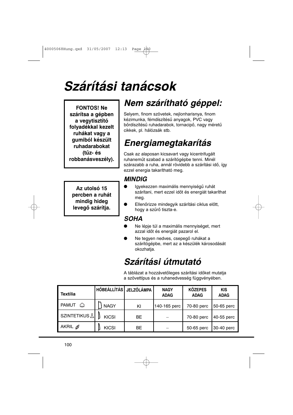 Szárítási tanácsok, Nem szárítható géppel, Energiamegtakarítás | Szárítási útmutató, Mindig, Soha | Candy GO DC 78-86S User Manual | Page 100 / 110