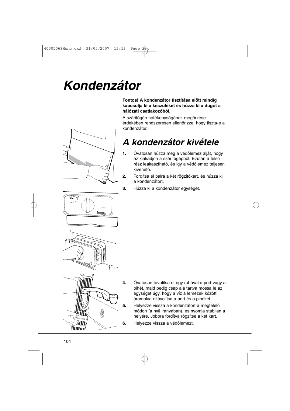 Kondenzátor, A kondenzátor kivétele | Candy GO DC 78-86S User Manual | Page 104 / 110