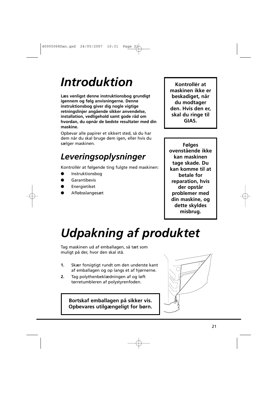 Introduktion, Udpakning af produktet, Leveringsoplysninger | Candy GO DC 78-86S User Manual | Page 21 / 110