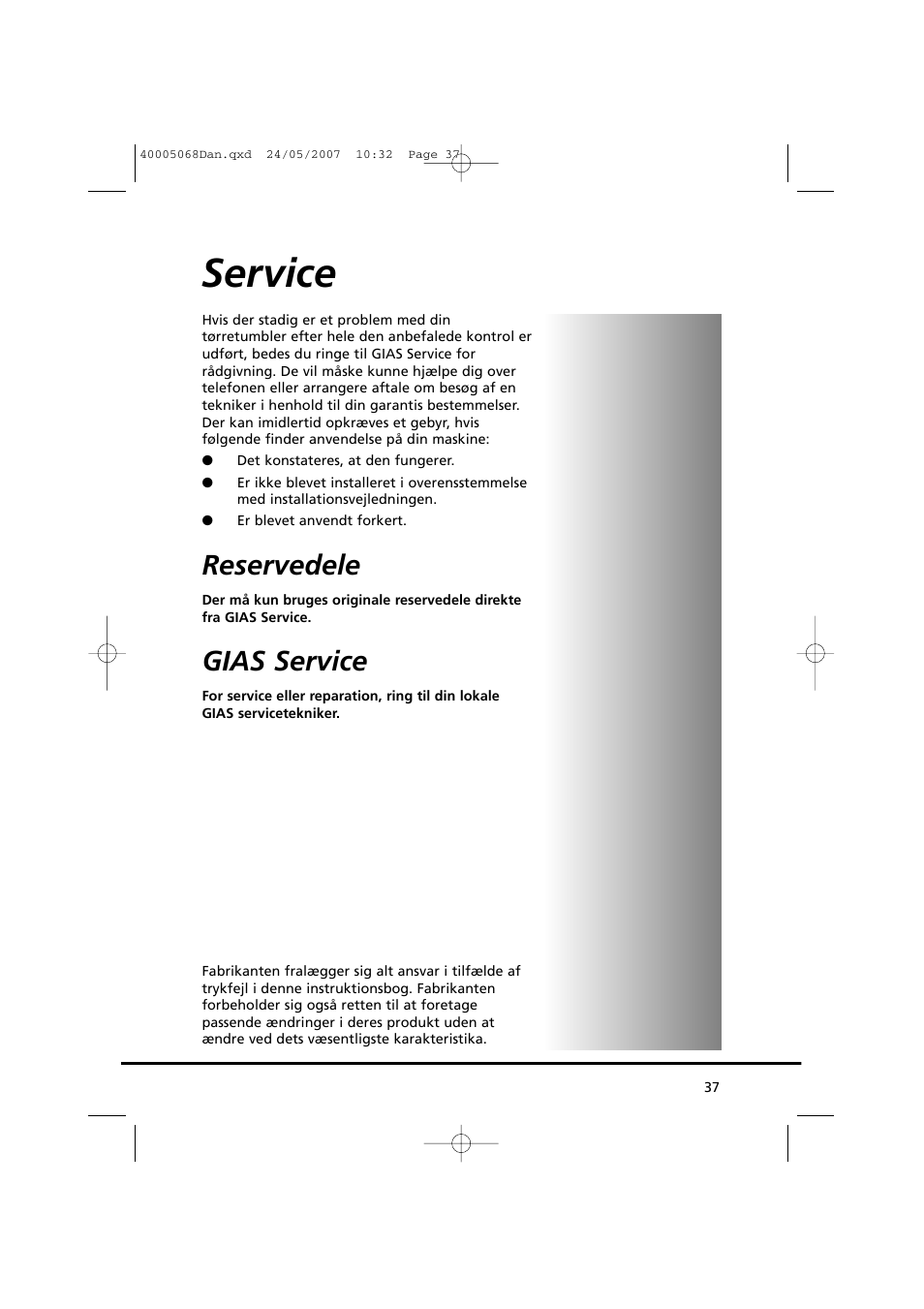 Service, Reservedele, Gias service | Candy GO DC 78-86S User Manual | Page 37 / 110