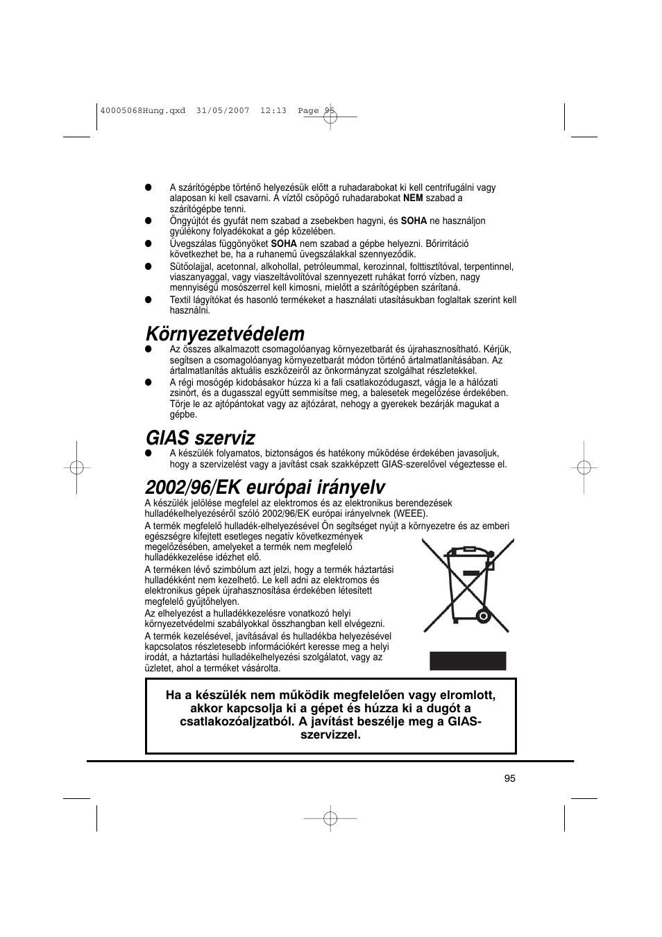 Környezetvédelem, Gias szerviz | Candy GO DC 78-86S User Manual | Page 95 / 110