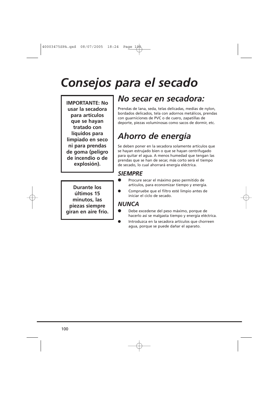 Consejos para el secado, No secar en secadora, Ahorro de energía | Candy AB CV1 16- SY User Manual | Page 100 / 152