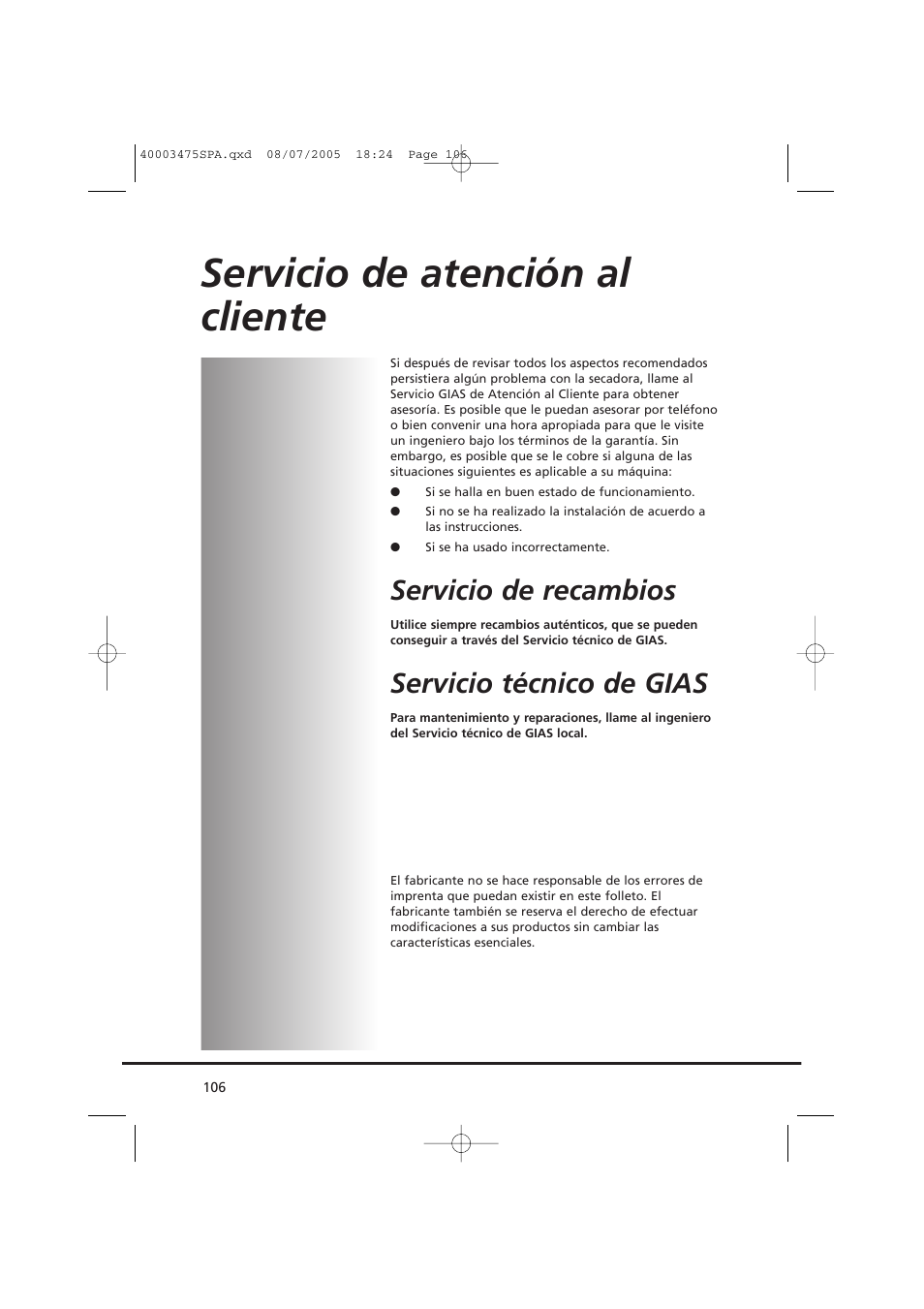 Servicio de atención al cliente, Servicio de recambios, Servicio técnico de gias | Candy AB CV1 16- SY User Manual | Page 106 / 152
