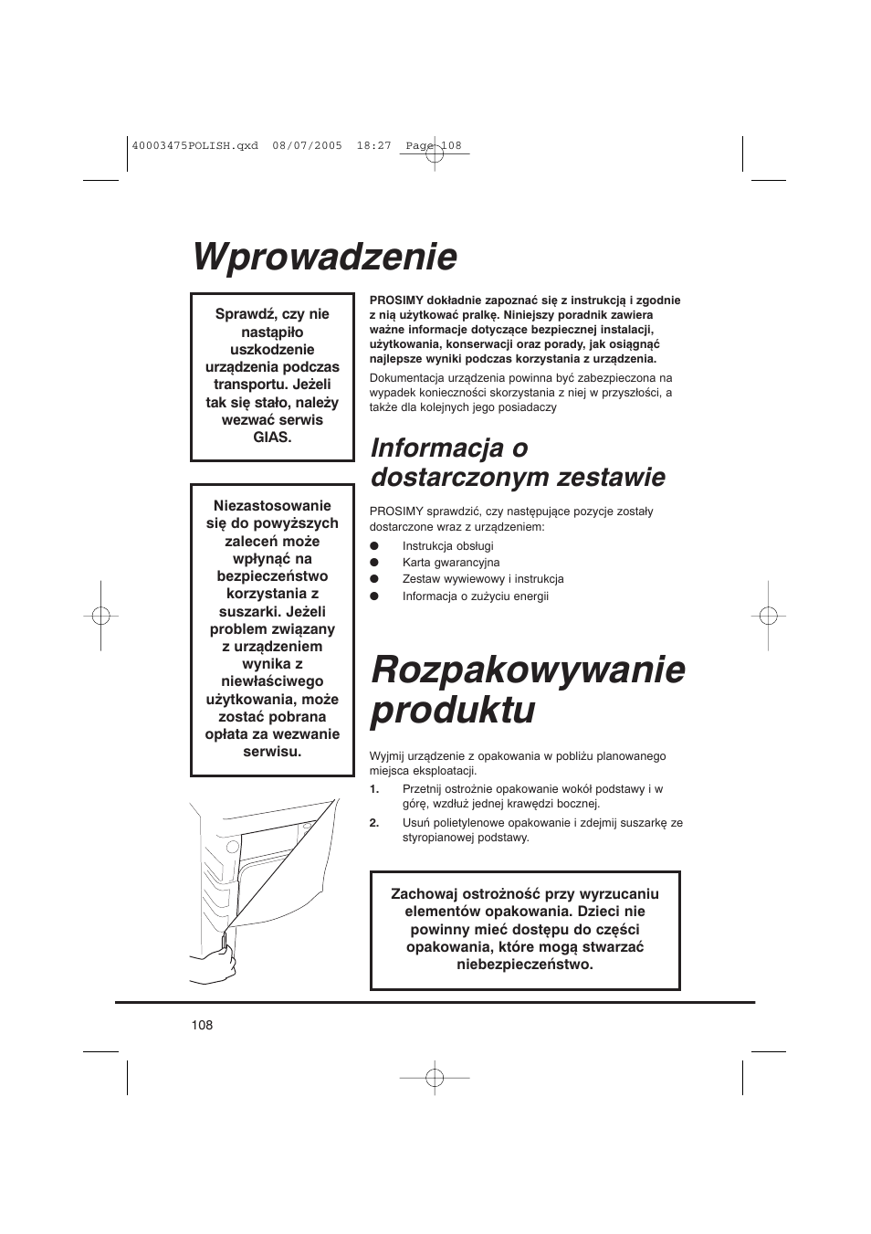 Wprowadzenie, Rozpakowywanie produktu, Informacja o dostarczonym zestawie | Candy AB CV1 16- SY User Manual | Page 108 / 152