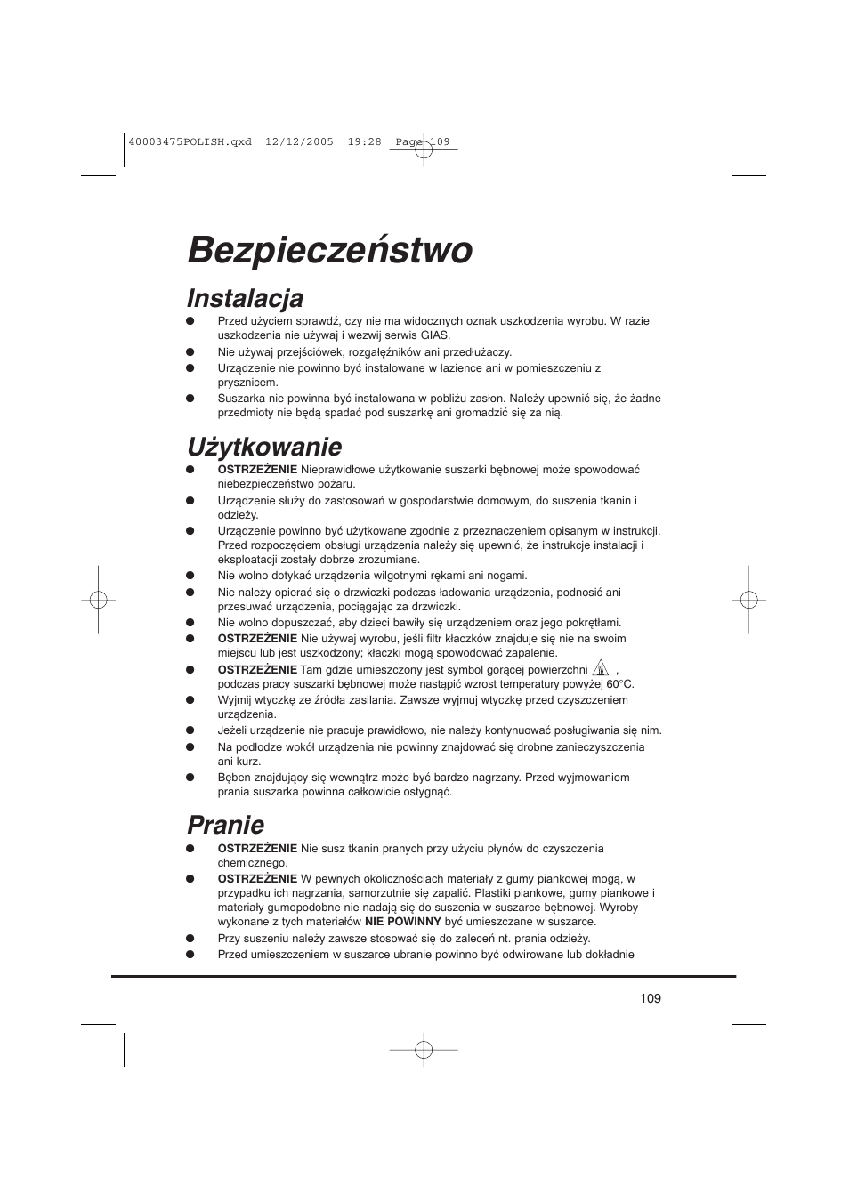Bezpieczeństwo, Instalacja, Użytkowanie | Pranie | Candy AB CV1 16- SY User Manual | Page 109 / 152