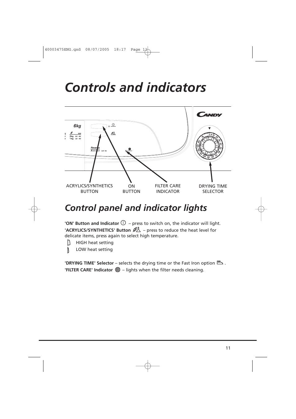 Controls and indicators, Control panel and indicator lights | Candy AB CV1 16- SY User Manual | Page 11 / 152