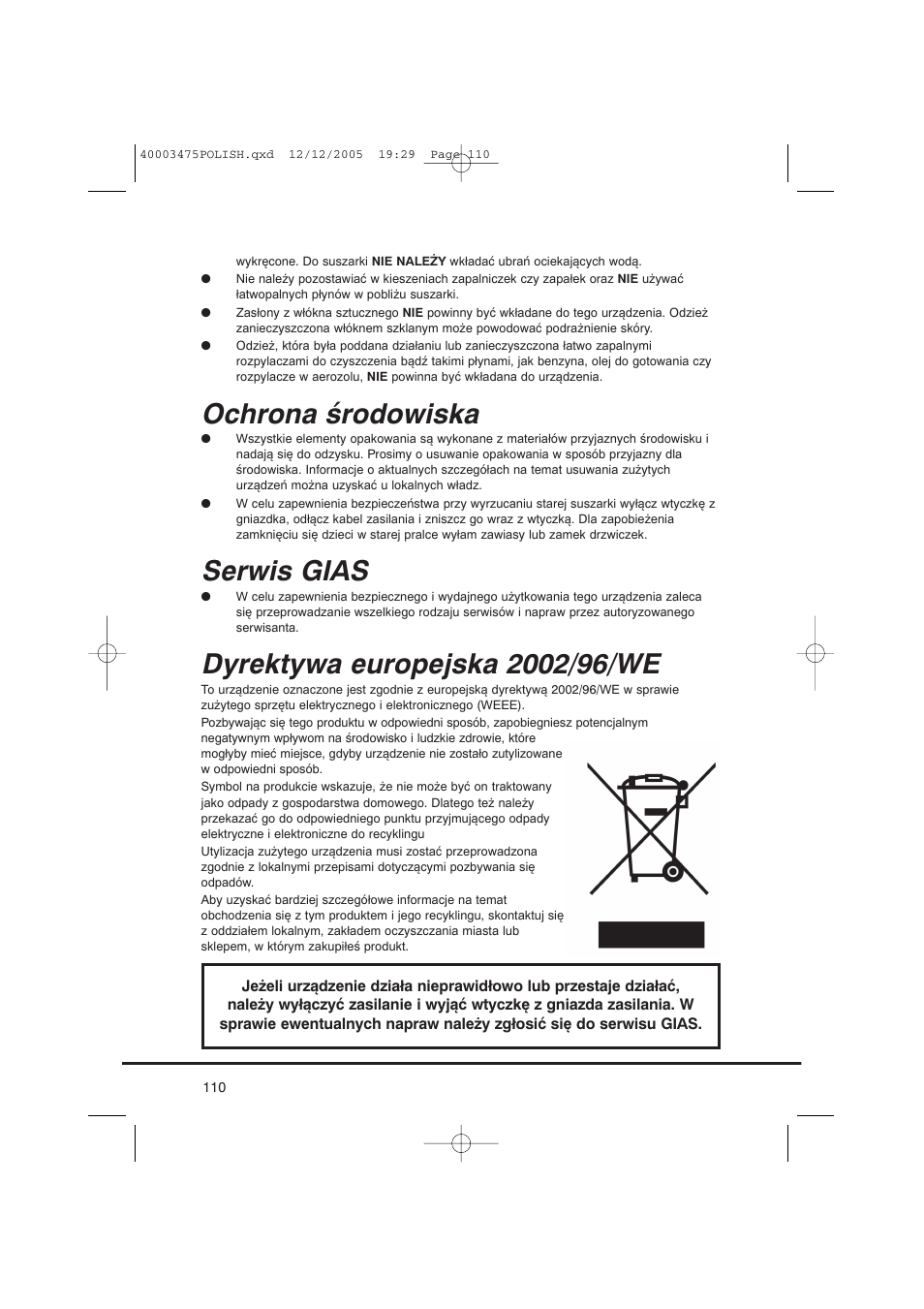 Ochrona środowiska, Serwis gias | Candy AB CV1 16- SY User Manual | Page 110 / 152