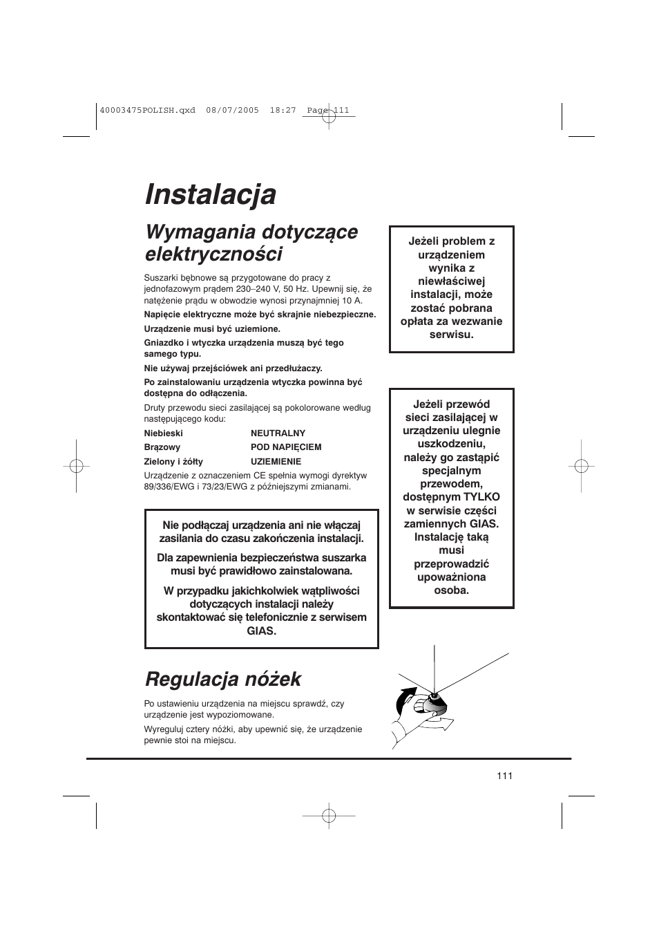 Instalacja, Wymagania dotyczące elektryczności, Regulacja nóżek | Candy AB CV1 16- SY User Manual | Page 111 / 152