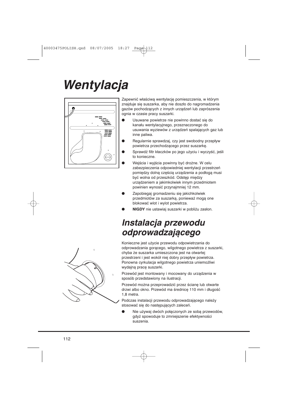 Wentylacja, Instalacja przewodu odprowadzającego | Candy AB CV1 16- SY User Manual | Page 112 / 152